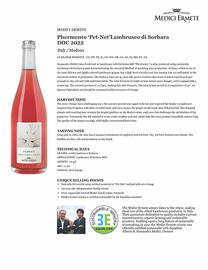 Phermento ‘Pet-Net’Lambrusco di Sorbara DOC  2022 Fact Sheet