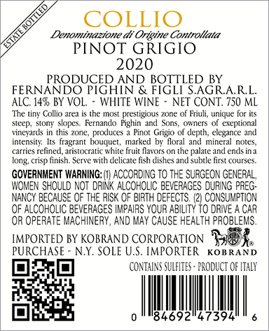 Pinot Grigio Collio DOC 2020 Back Label