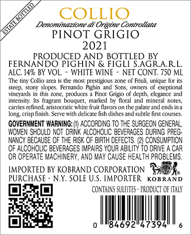 Pinot Grigio Collio DOC 2021 Back Label