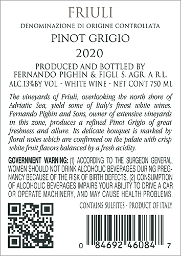 Pinot Grigio Friuli DOC 2020 Back Label