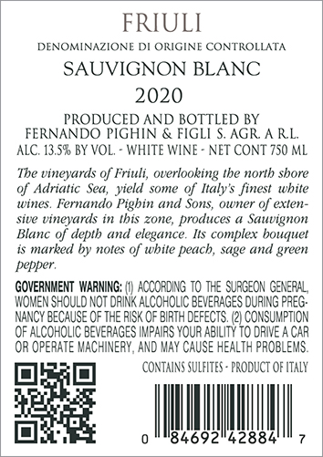 Sauvignon Blanc Friuli DOC 2020 Back Label