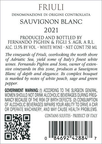 Sauvignon Blanc Friuli DOC 2021 Back Label