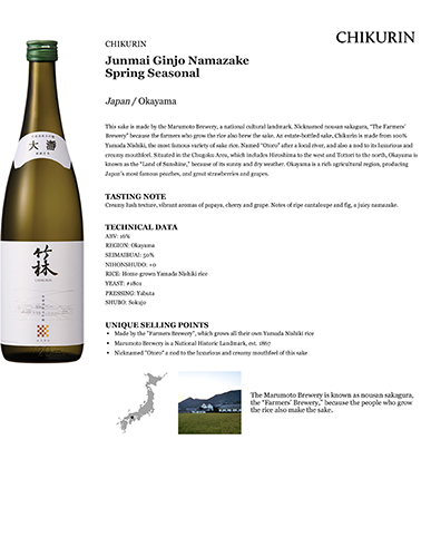 Chikurin Junmai Ginjo Namazake Spring Seasonal Fact Sheet