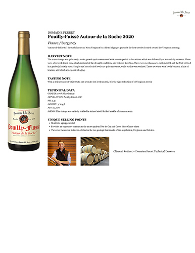 Pouilly-Fuissé Autour de la Roche 2020 Fact Sheet