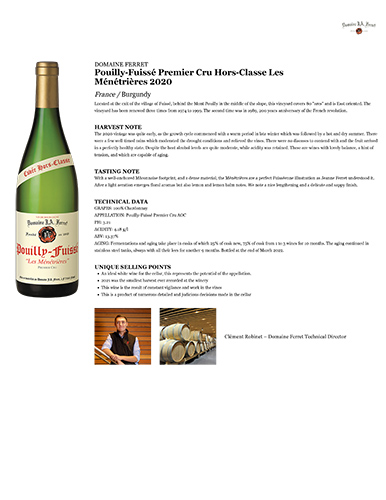 Pouilly-Fuissé Premier Cru Hors-Classe Les Ménétrières 2020 Fact Sheet