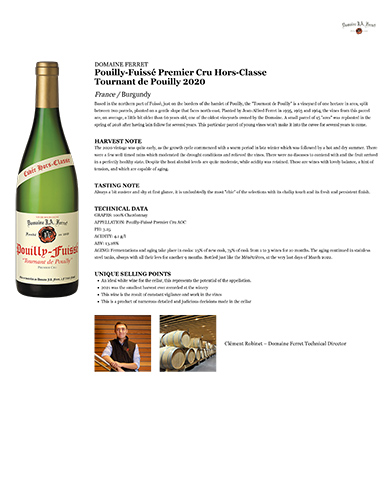 Pouilly-Fuissé Premier Cru Hors-Classe Tournant de Pouilly 2020 Fact Sheet