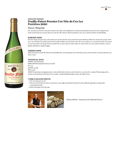 Pouilly-Fuissé Premier Cru Tête de Cru Les Perrières 2020 Fact Sheet