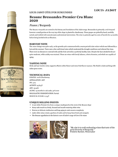 Beaune Bressandes Premier Cru Blanc 2020 Fact Sheet