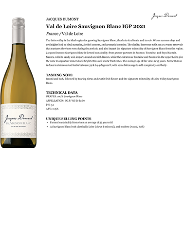 Val de Loire Sauvignon Blanc IGP 2021 Fact Sheet