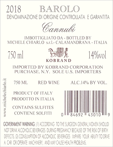Cannubi Barolo DOCG 2018 Back Label