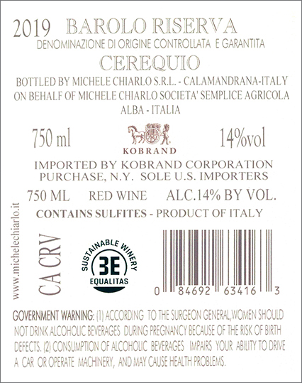 Cerequio Barolo Riserva DOCG 2019 Back Label