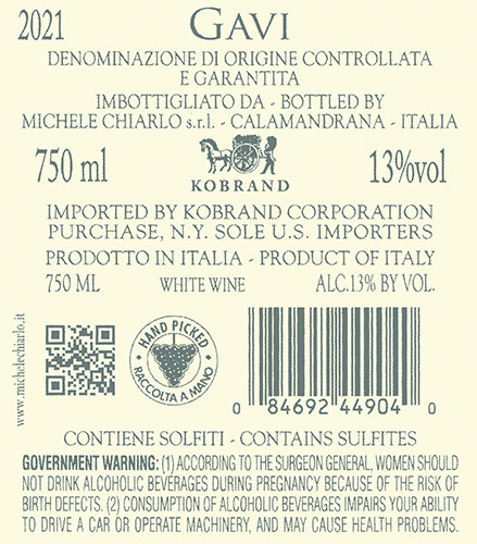 Le Marne Gavi DOCG 2021 Back Label