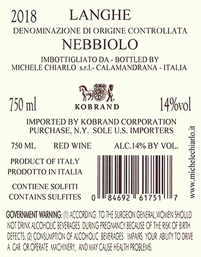 Il Principe Langhe Nebbiolo DOC 2018 Back Label