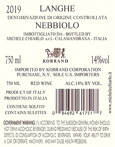 Il Principe Langhe Nebbiolo DOC 2019 Back Label
