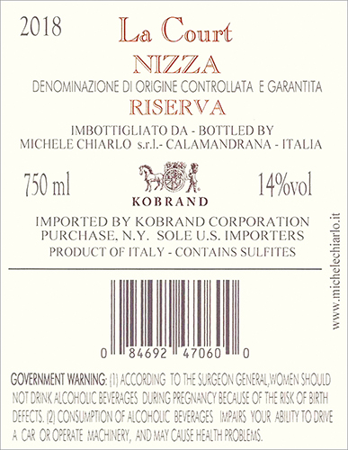 La Court Nizza Riserva DOCG 2018 Back Label