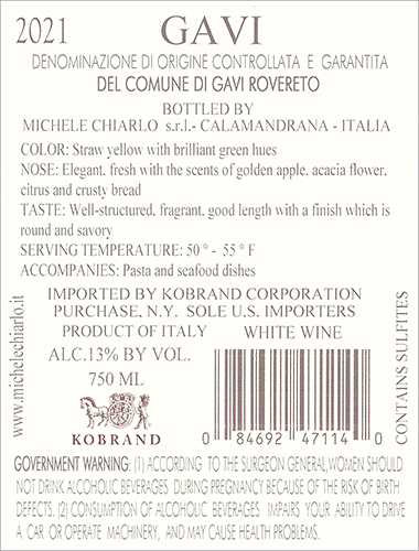Rovereto Gavi del Comune di Gavi DOCG 2021 Back Label
