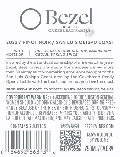 Edna Valley Pinot Noir 2023 Back Label