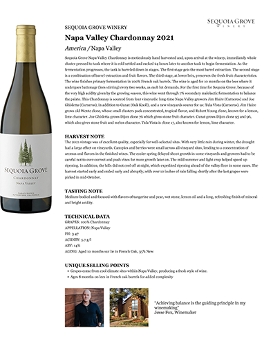 Napa Valley Chardonnay 2021 Fact Sheet
