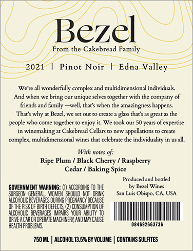 Edna Valley Pinot Noir 2021 Back Label
