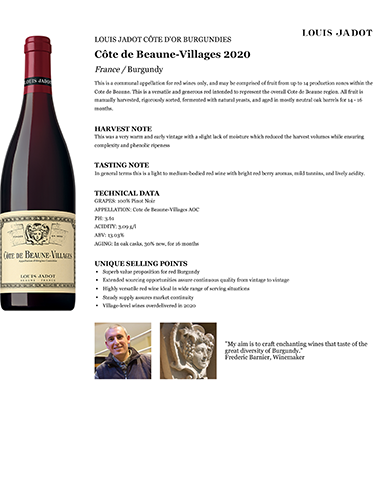 Côte de Beaune-Villages 2020 Fact Sheet