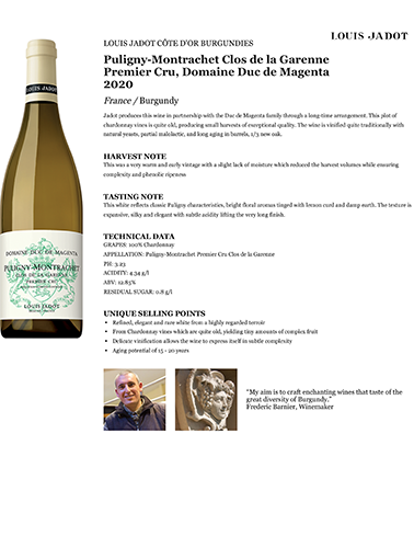 Puligny-Montrachet Clos de la Garenne Premier Cru, Domaine Duc de Magenta 2020 Fact Sheet