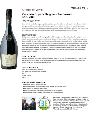 Concerto Organic Reggiano Lambrusco DOC 2020 Fact Sheet