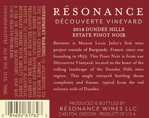Découverte Vineyard Pinot Noir 2018 Back Label