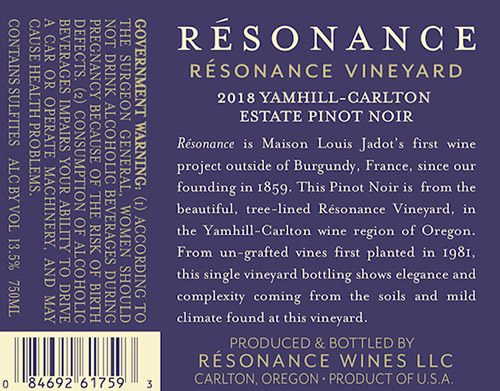 Résonance Vineyard Pinot Noir 2018 Back Label