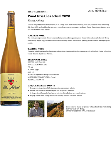 Pinot Gris Clos Jebsal 2020 Fact Sheet