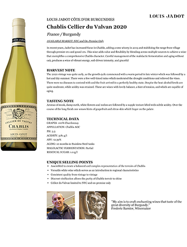 Chablis Cellier du Valvan 2020 Fact Sheet