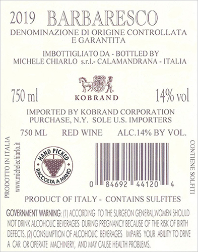 Reyna Barbaresco DOCG 2019 Back Label