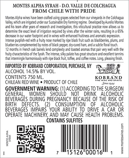 Alpha Syrah 2021 Back Label