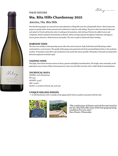 Sta. Rita Hills Chardonnay 2021 Fact Sheet