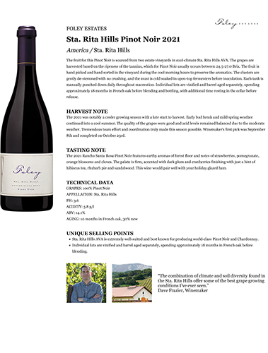 Sta. Rita Hills Pinot Noir 2021 Fact Sheet