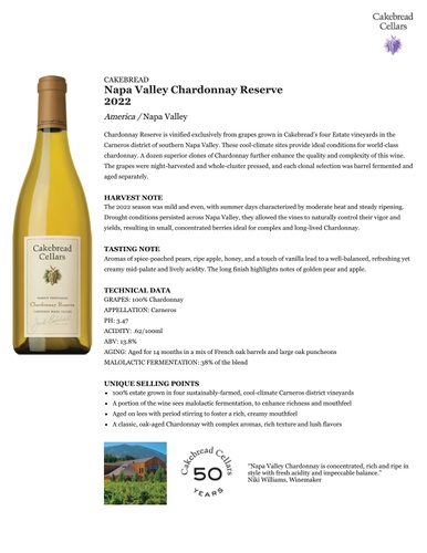 Napa Valley Chardonnay Reserve 2022 Fact Sheet