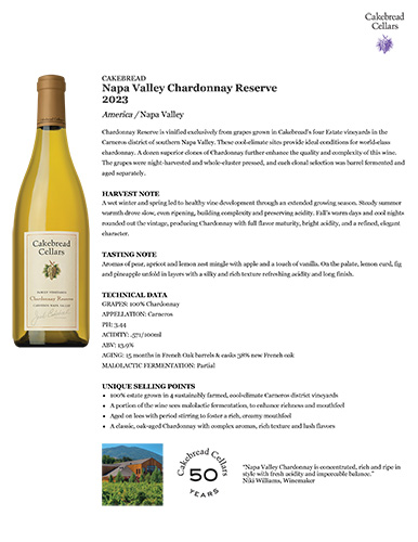 Napa Valley Chardonnay Reserve 2023 Fact Sheet