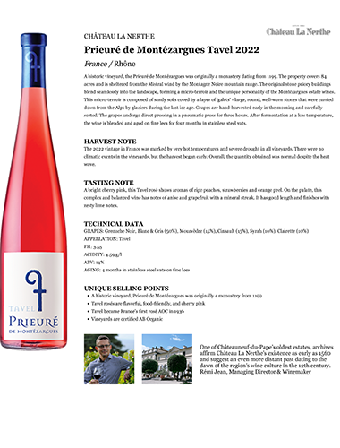 Prieuré de Montézargues Tavel 2022 Fact Sheet