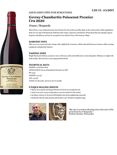Gevrey-Chambertin Poissenot Premier Cru 2020 Fact Sheet