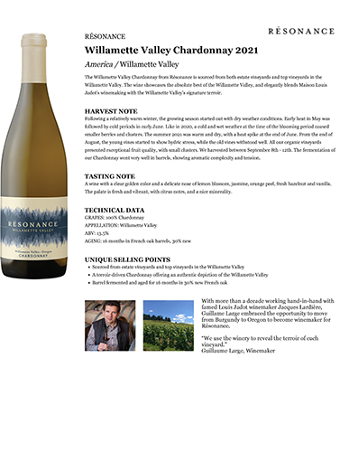 Willamette Valley Chardonnay 2021 Fact Sheet