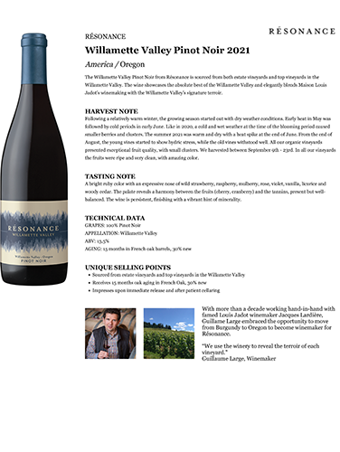 Willamette Valley Pinot Noir 2021 Fact Sheet