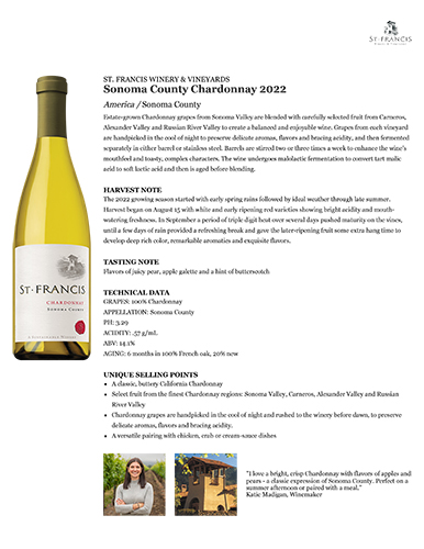 Sonoma County Chardonnay 2022 Fact Sheet