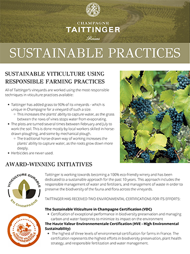Champagne Taittinger Sustainability Green Sell Sheet