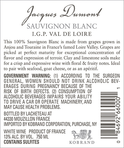 Val de Loire Sauvignon Blanc IGP 2021 Back Label