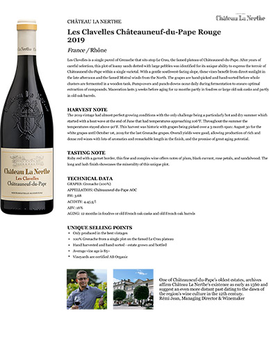 Les Clavelles Châteauneuf-du-Pape Rouge 2019 Fact Sheet