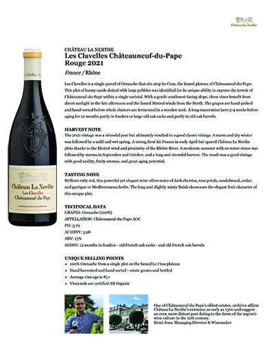 Les Clavelles Châteauneuf-du-Pape Rouge 2021 Fact Sheet
