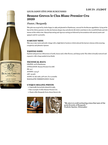 Beaune Greves le Clos Blanc Premier Cru 2020 Fact Sheet