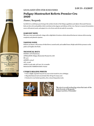 Puligny-Montrachet Referts Premier Cru 2020 Fact Sheet