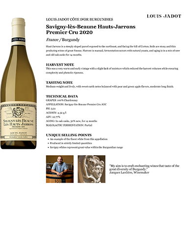 Savigny-lès-Beaune Hauts-Jarrons Premier Cru 2020 Fact Sheet