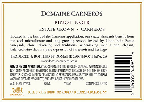 Estate Pinot Noir 2020 Back Label