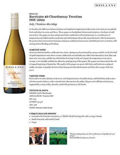 Barricato 40 Chardonnay Trentino DOC 2024 Fact Sheet